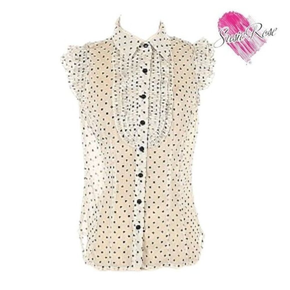 Susie Rose Polkadot Button Up Womens Ruffle Sleeveless Semi-sheer Top‎